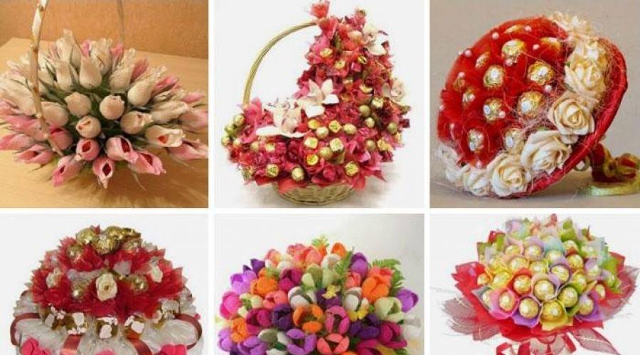 Papirnati cvijeće sa slatkišima za košare. Kako napraviti buket slatkiša sa vlastitim rukama? Buket slatkiša sa vlastitim rukama: glavna klasa. Potrebni materijali za jednostavan buket slatkiša rade sami za početnike