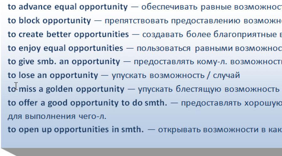 Выбор слова: opportunity, possibility, luck, chance. Разница в употреблении слов opportunity и chance Словосочетания с Opportunity